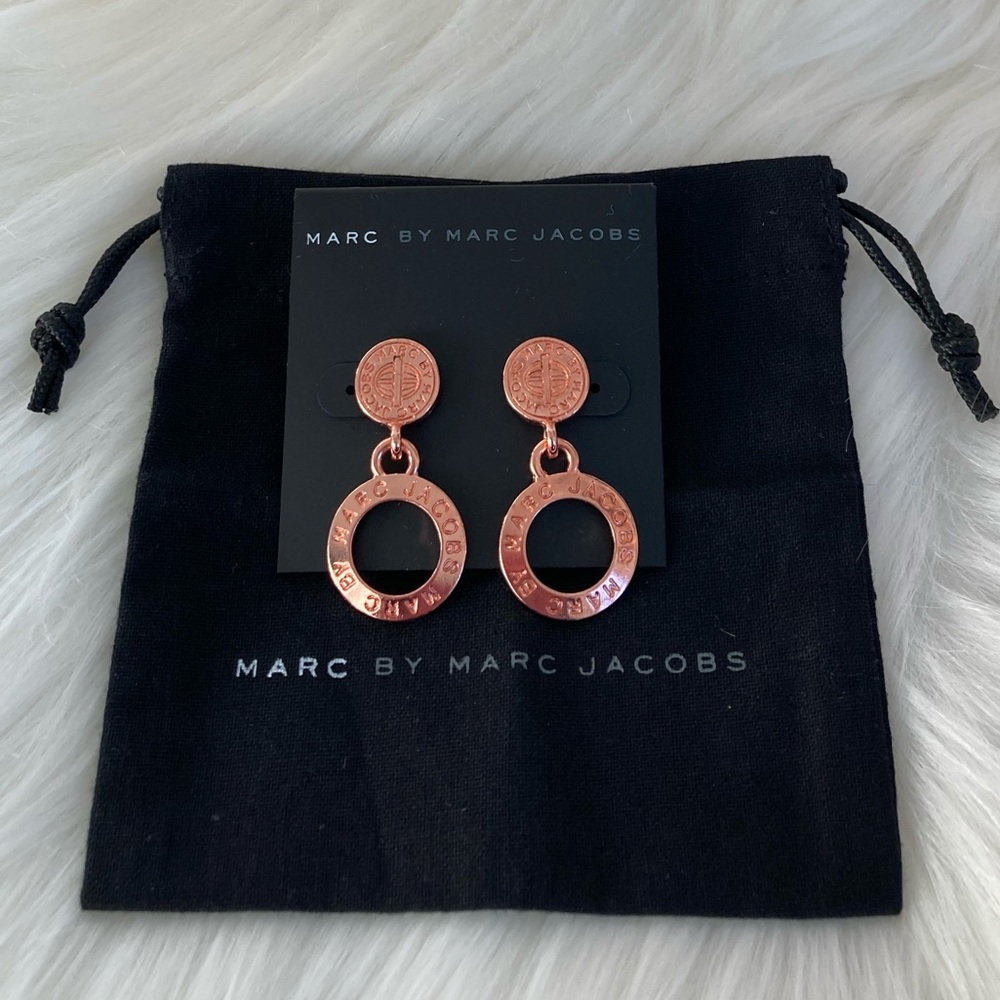 NWT MBMJ Rose Gold Hollow Logo Drop Hoop Earrings - Picture 2 of 5